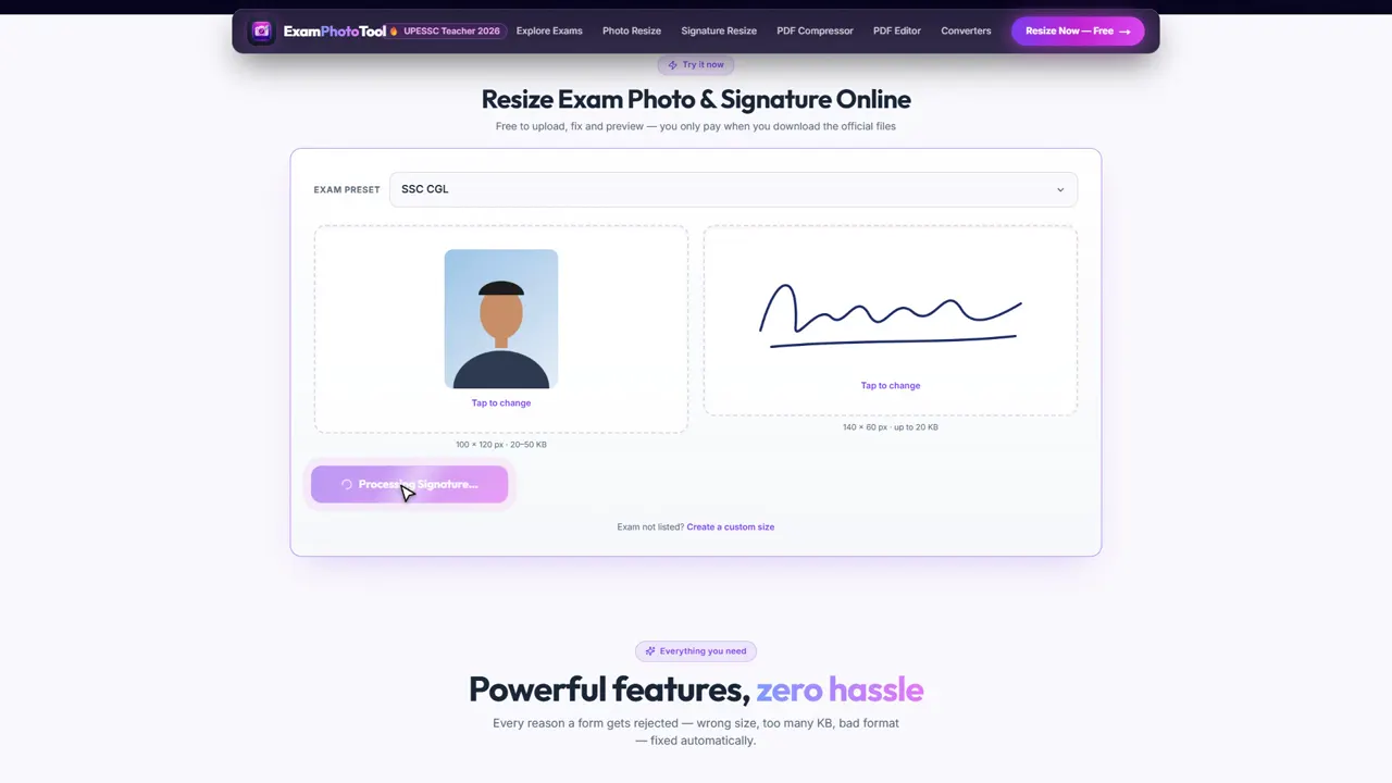 ExamPhotoTool resizing an SSC CGL photo and signature